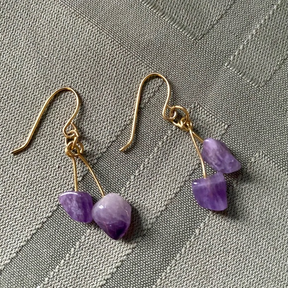 Raw Amethyst Drop earrings, gold plated, Vintage - Picture 1 of 5